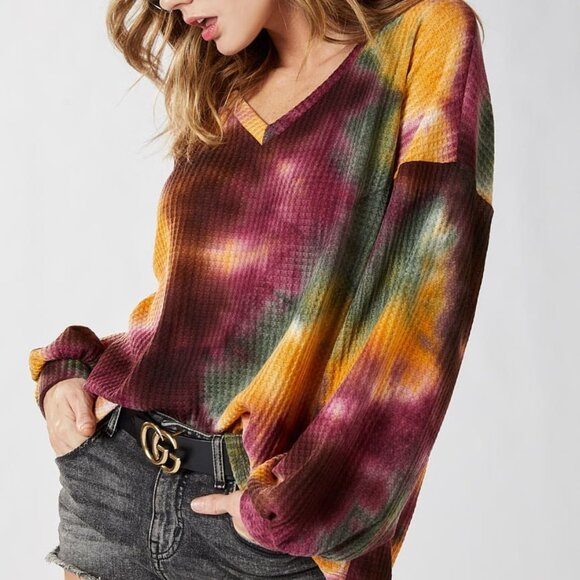 BIBI Tie Dye Waffle Knit Oversized Long Sleeve Shirt - Picture 12 of 16